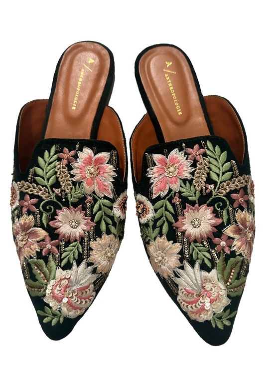 Anthropologie Shoes - Anthropologie Black Embroidered Floral Velvet Beaded Accent Mules Sz 11 W